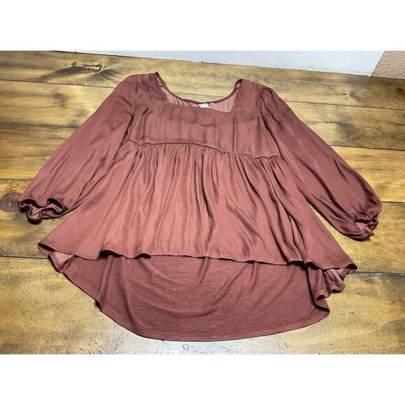 DOLAN By Anthropologie Cherie Babydoll Silky Rushed Bohemian Top Size L Rust - Picture 1 of 8